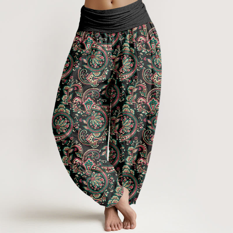 Pantalon harem femme taille élastique en coton à motif floral, feuilles et vigne, style rétro complexe, avec Buddha Stones - Noir - US16，UK/AU20，EU48 (3XL) - image 0