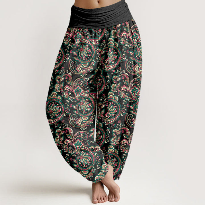 Pantalon harem femme taille élastique en coton à motif floral, feuilles et vigne, style rétro complexe, avec Buddha Stones - Noir - US16，UK/AU20，EU48 (3XL) - image 0