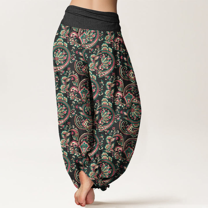 Pantalon harem femme taille élastique en coton à motif floral, feuilles et vigne, style rétro complexe, avec Buddha Stones - image 1
