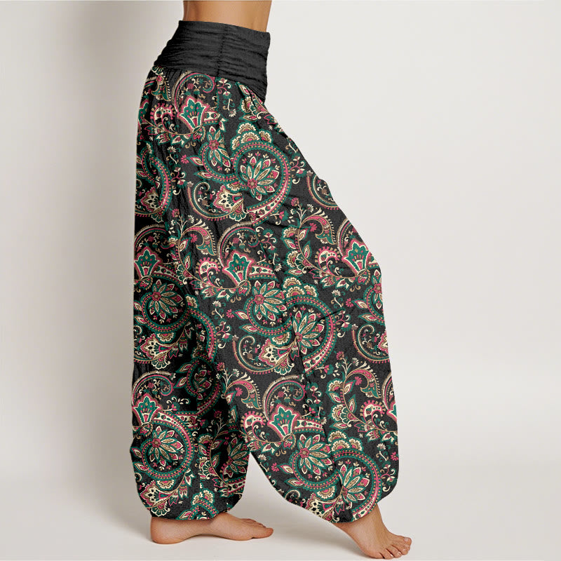 Pantalon harem femme taille élastique en coton à motif floral, feuilles et vigne, style rétro complexe, avec Buddha Stones - image 2
