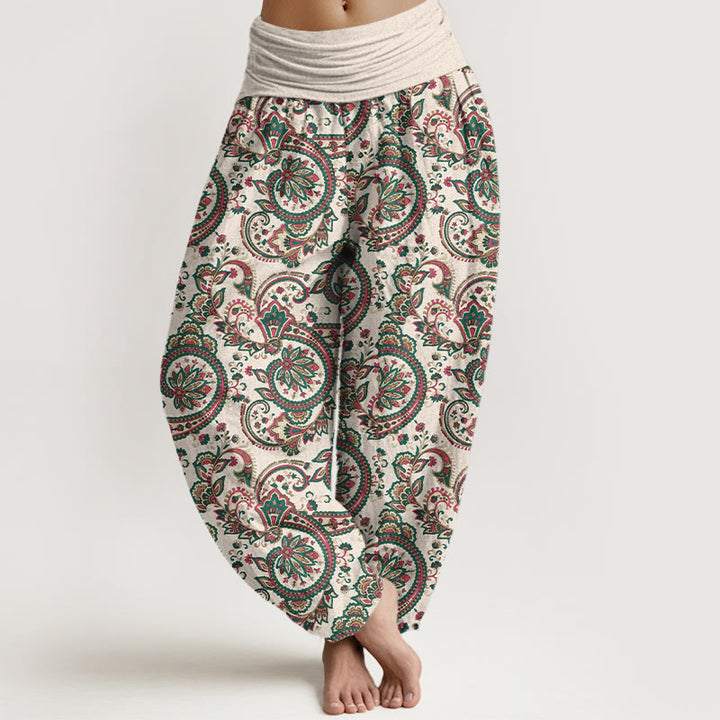 Pantalon harem femme taille élastique en coton à motif floral, feuilles et vigne, style rétro complexe, avec Buddha Stones - Beige - US16，UK/AU20，EU48 (3XL) - image 5