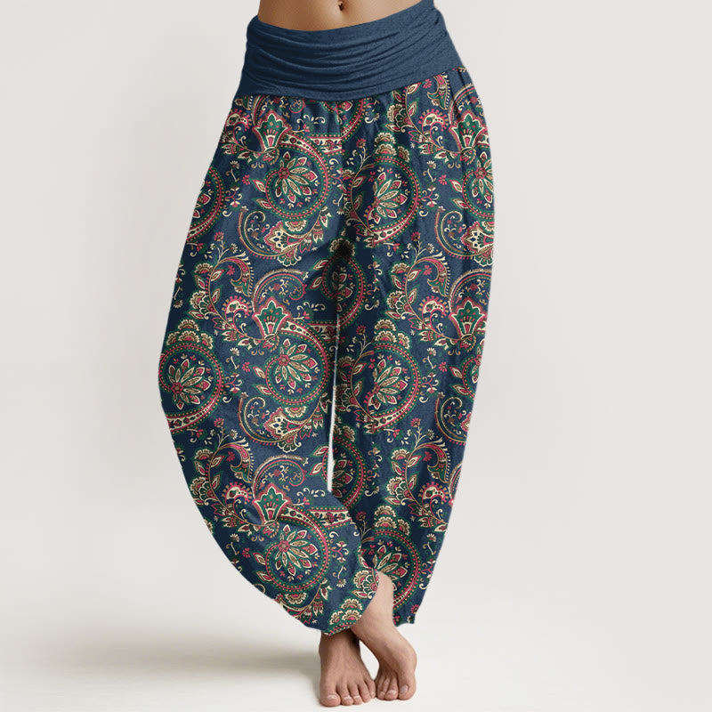 Pantalon harem femme taille élastique en coton à motif floral, feuilles et vigne, style rétro complexe, avec Buddha Stones - Marine - US16，UK/AU20，EU48 (3XL) - image 8