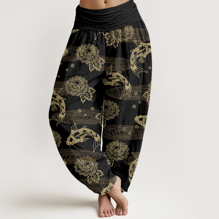 Pantalon harem à taille élastique pour femme, en coton, orné de Buddha Stones koï, de fleurs et de feuilles. - Noir - US16，UK/AU20，EU48 (3XL) - image 0