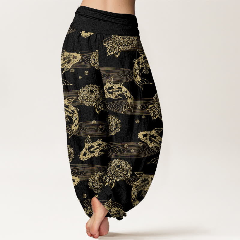 Pantalon harem à taille élastique pour femme, en coton, orné de Buddha Stones koï, de fleurs et de feuilles. - image 1