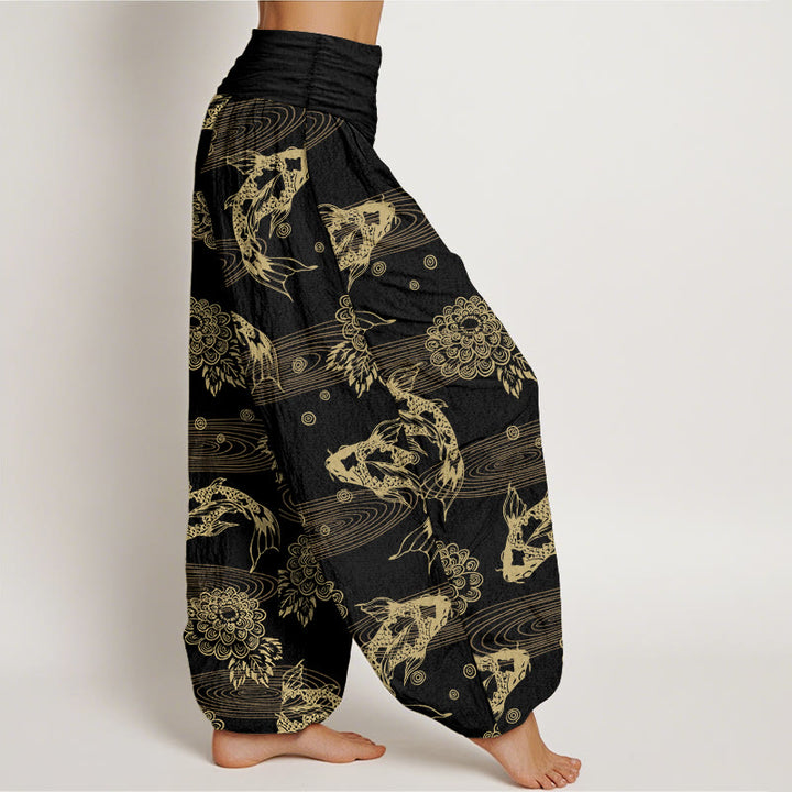 Pantalon harem à taille élastique pour femme, en coton, orné de Buddha Stones koï, de fleurs et de feuilles. - image 2
