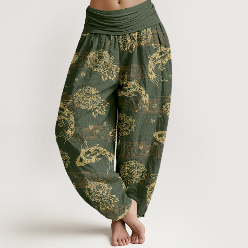 Pantalon harem à taille élastique pour femme, en coton, orné de Buddha Stones koï, de fleurs et de feuilles. - Vert olive - US16，UK/AU20，EU48 (3XL) - image 5