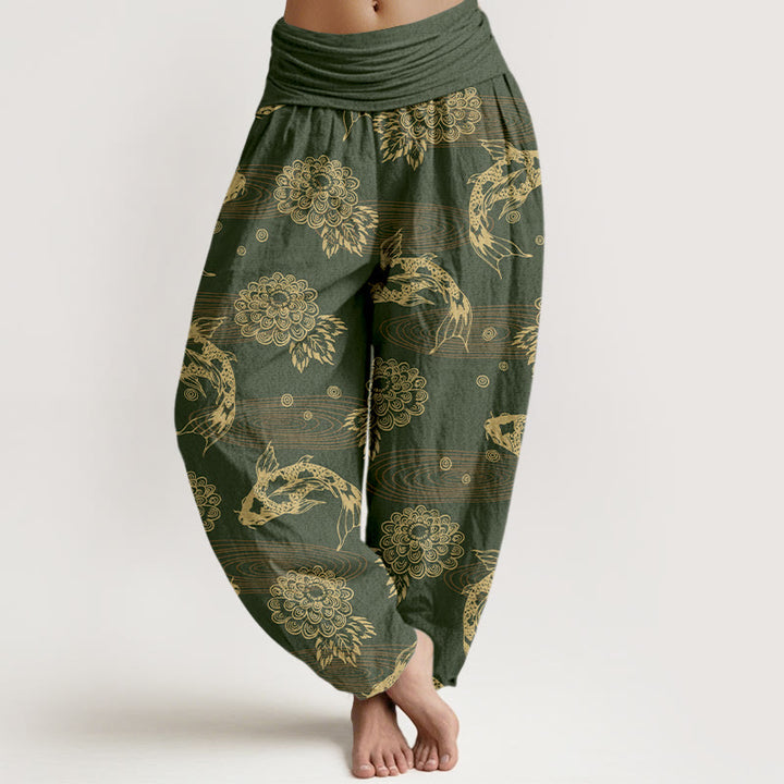 Pantalon harem à taille élastique pour femme, en coton, orné de Buddha Stones koï, de fleurs et de feuilles. - Vert olive - US16，UK/AU20，EU48 (3XL) - image 5