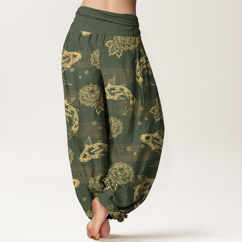 Pantalon harem à taille élastique pour femme, en coton, orné de Buddha Stones koï, de fleurs et de feuilles. - image 6