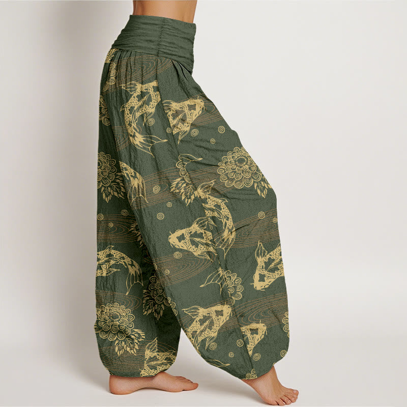 Pantalon harem à taille élastique pour femme, en coton, orné de Buddha Stones koï, de fleurs et de feuilles. - image 7
