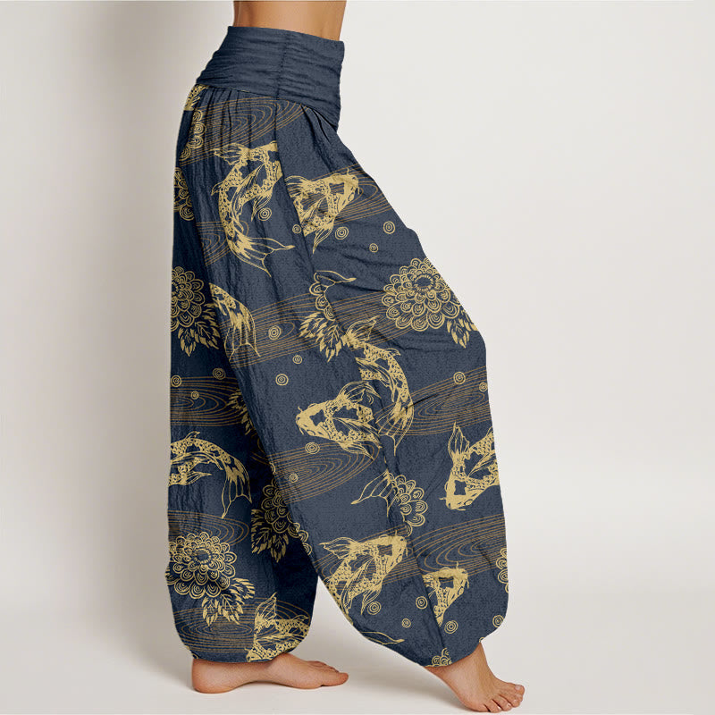 Pantalon harem à taille élastique pour femme, en coton, orné de Buddha Stones koï, de fleurs et de feuilles. - image 10