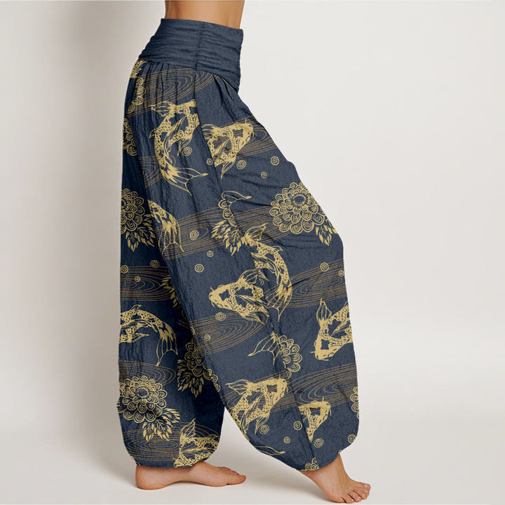 Pantalon harem à taille élastique pour femme, en coton, orné de Buddha Stones koï, de fleurs et de feuilles. - image 10