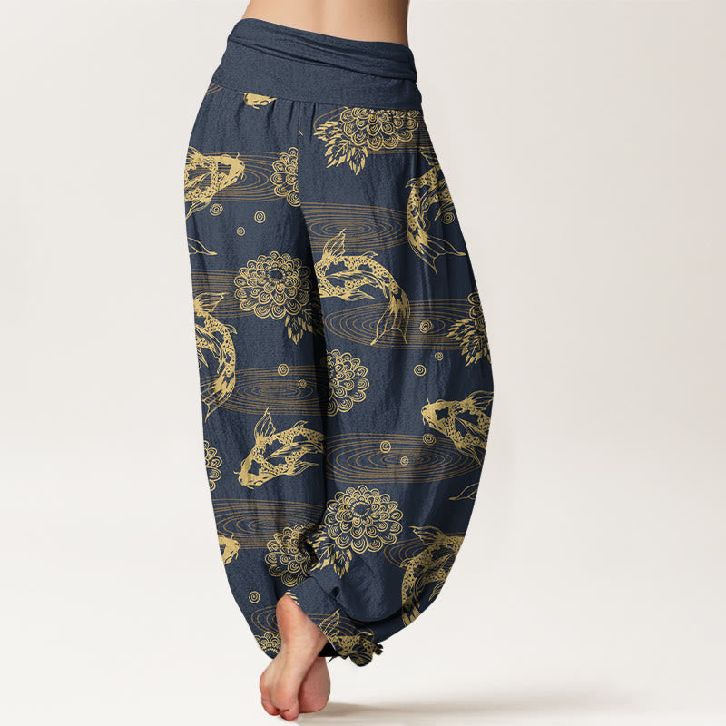 Pantalon harem à taille élastique pour femme, en coton, orné de Buddha Stones koï, de fleurs et de feuilles. - image 9