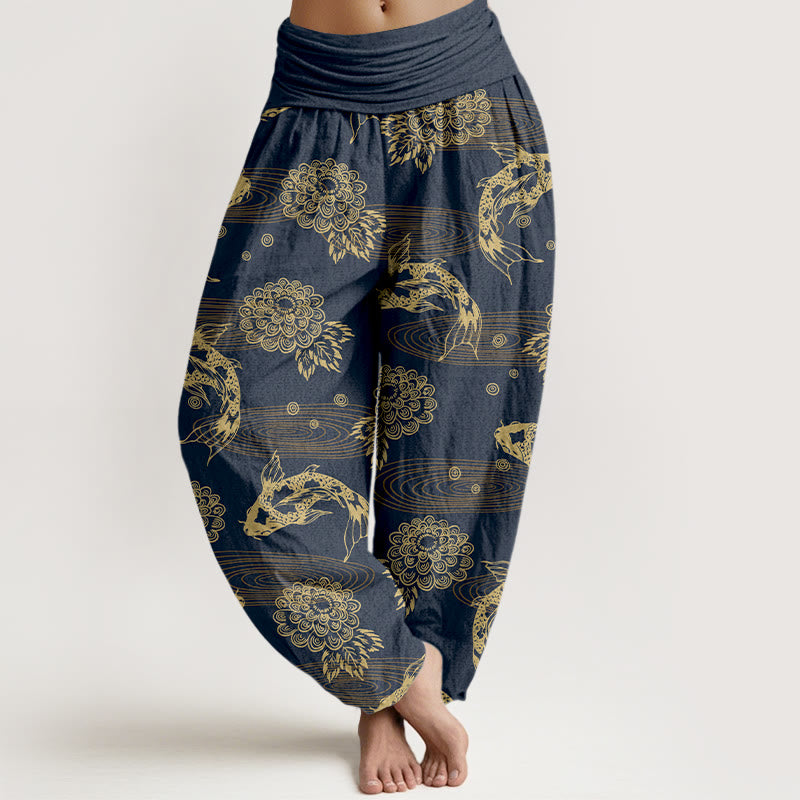 Pantalon harem à taille élastique pour femme, en coton, orné de Buddha Stones koï, de fleurs et de feuilles. - Bleu ardoise foncé - US16，UK/AU20，EU48 (3XL) - image 8