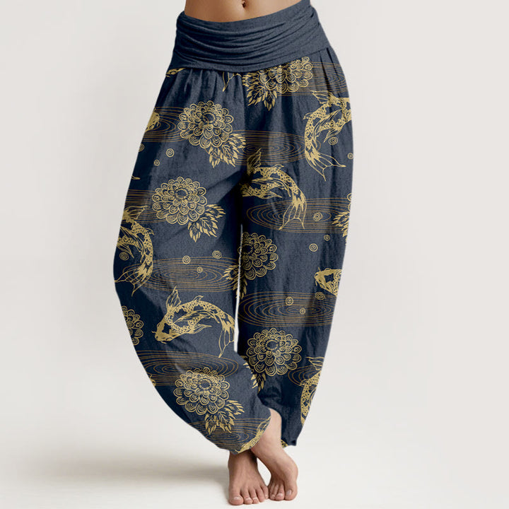 Pantalon harem à taille élastique pour femme, en coton, orné de Buddha Stones koï, de fleurs et de feuilles. - Bleu ardoise foncé - US16，UK/AU20，EU48 (3XL) - image 8
