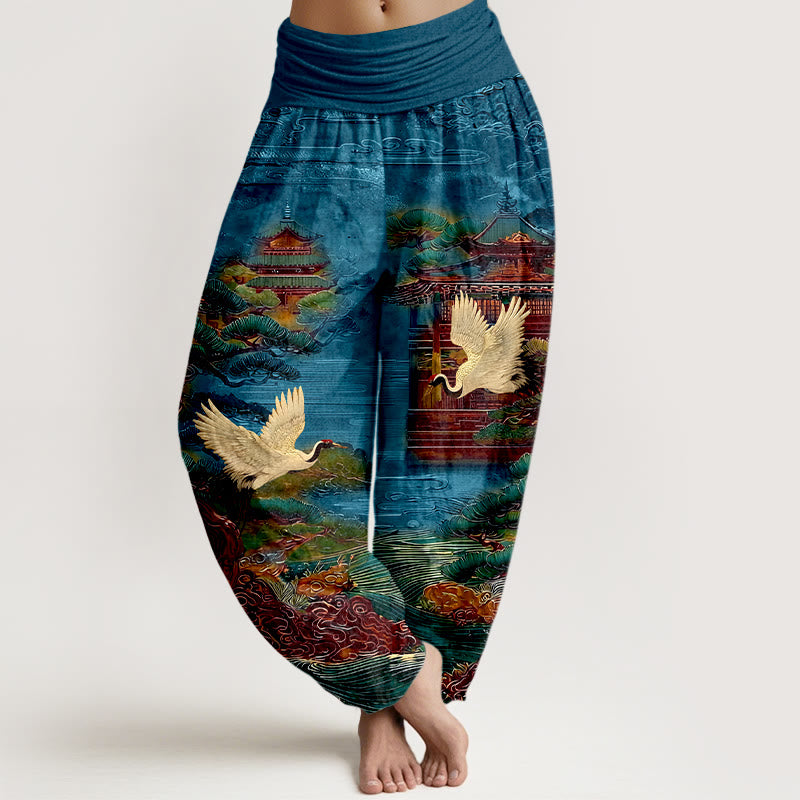 Pantalon harem à taille élastique pour femme, en coton, orné de Buddha Stones , de pins et de nuages. - Bleu - US16，UK/AU20，EU48 (3XL) - image 0