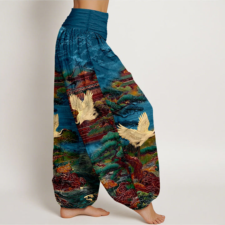Pantalon harem à taille élastique pour femme, en coton, orné de Buddha Stones , de pins et de nuages. - image 2