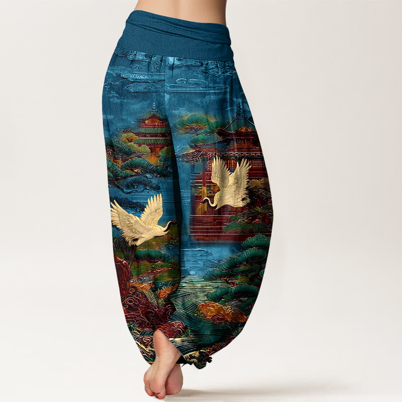 Pantalon harem à taille élastique pour femme, en coton, orné de Buddha Stones , de pins et de nuages. - image 1