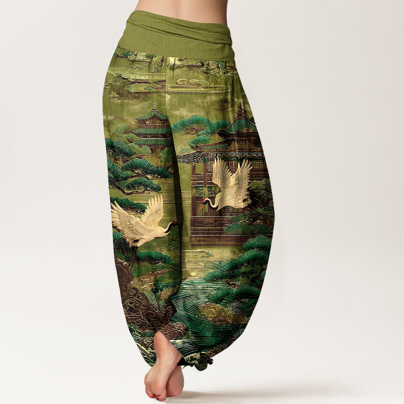Pantalon harem à taille élastique pour femme, en coton, orné de Buddha Stones , de pins et de nuages. - image 6