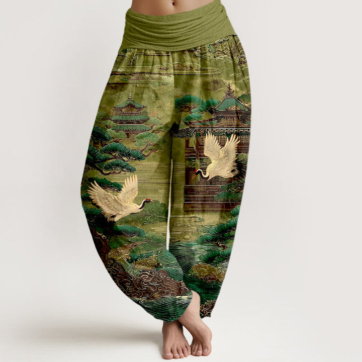 Pantalon harem à taille élastique pour femme, en coton, orné de Buddha Stones , de pins et de nuages. - Vert olive - US16，UK/AU20，EU48 (3XL) - image 5