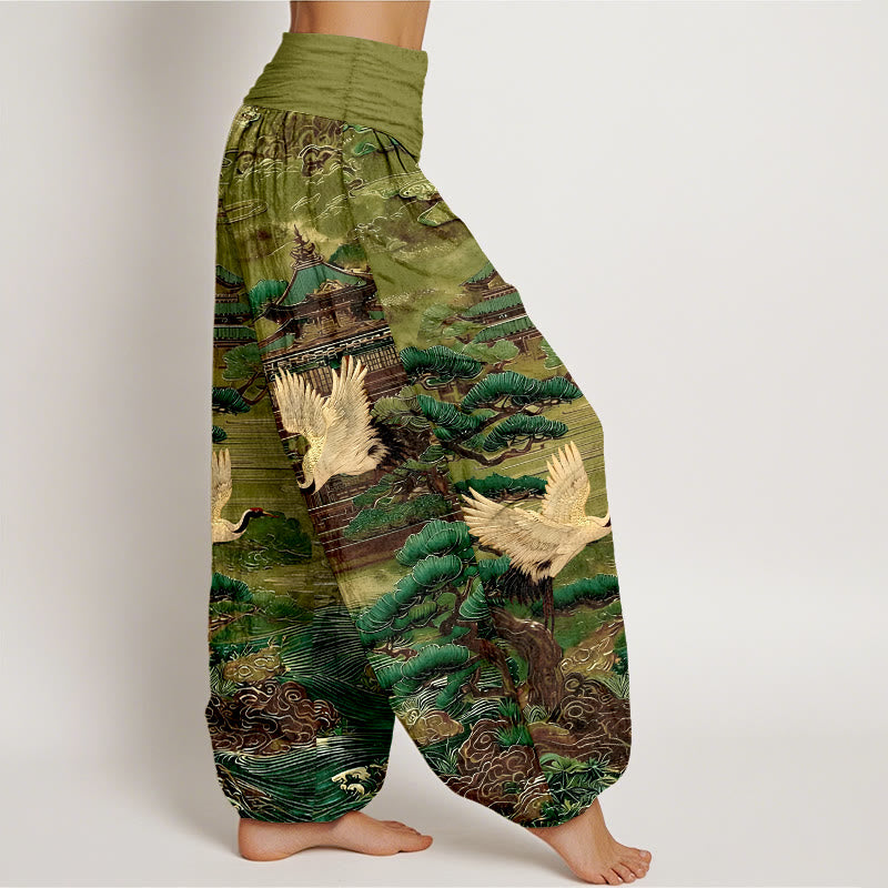 Pantalon harem à taille élastique pour femme, en coton, orné de Buddha Stones , de pins et de nuages. - image 7