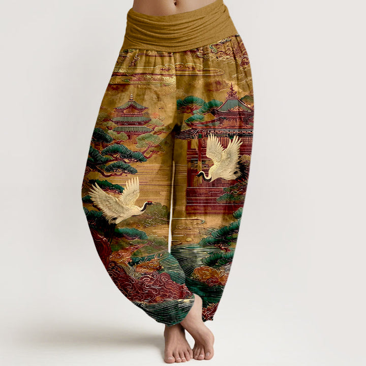 Pantalon harem à taille élastique pour femme, en coton, orné de Buddha Stones , de pins et de nuages. - DarkGoldenrod - US16，UK/AU20，EU48 (3XL) - image 8