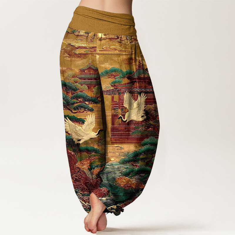 Pantalon harem à taille élastique pour femme, en coton, orné de Buddha Stones , de pins et de nuages. - image 9