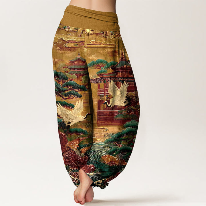 Pantalon harem à taille élastique pour femme, en coton, orné de Buddha Stones , de pins et de nuages. - image 9