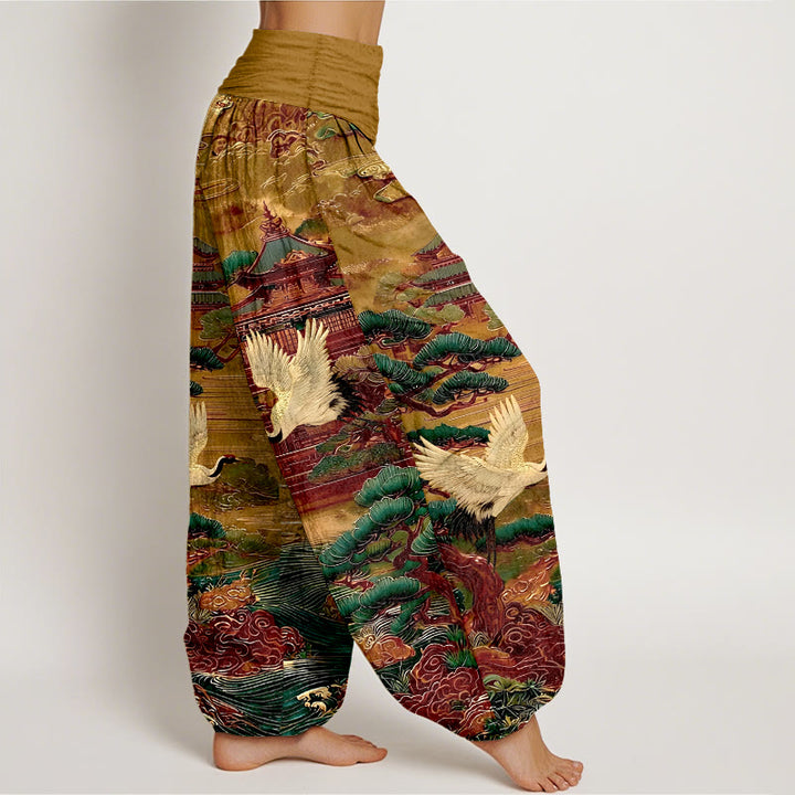 Pantalon harem à taille élastique pour femme, en coton, orné de Buddha Stones , de pins et de nuages. - image 10