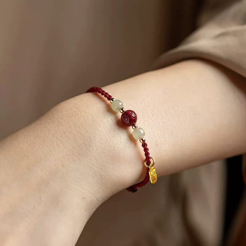 Bracelet de prospérité en perles de jade Hetian avec Buddha Stones, caractère Fu, Om Mani Padme Hum et fil rouge cinabre - image 3
