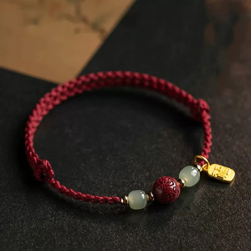 Bracelet de prospérité en perles de jade Hetian avec Buddha Stones, caractère Fu, Om Mani Padme Hum et fil rouge cinabre - Cordon rouge (Tour de poignet : 15-20 cm) - image 0