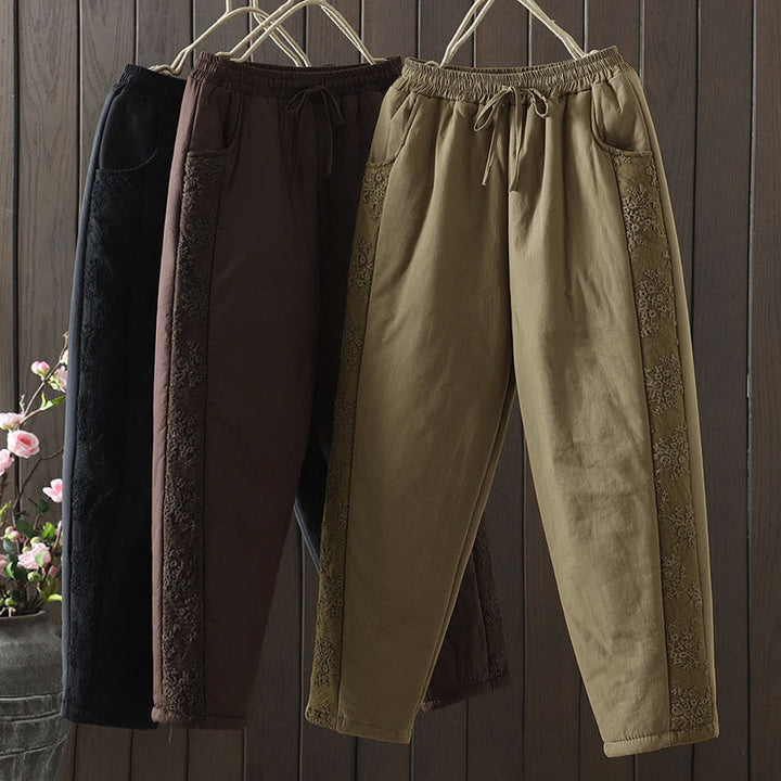 Pantalon épais pour femme avec poches, en coton et polyester brodé, motif floral et Buddha Stones - image 0