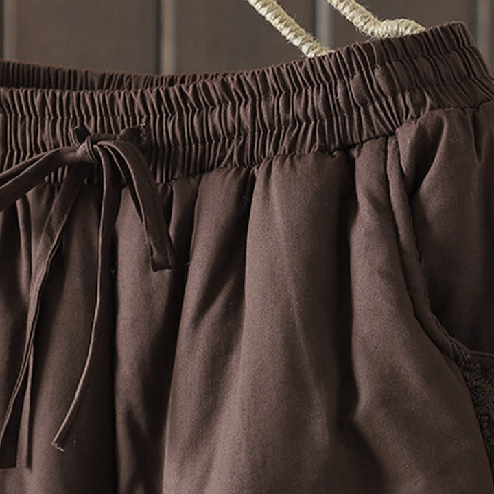 Pantalon épais pour femme avec poches, en coton et polyester brodé, motif floral et Buddha Stones - image 3