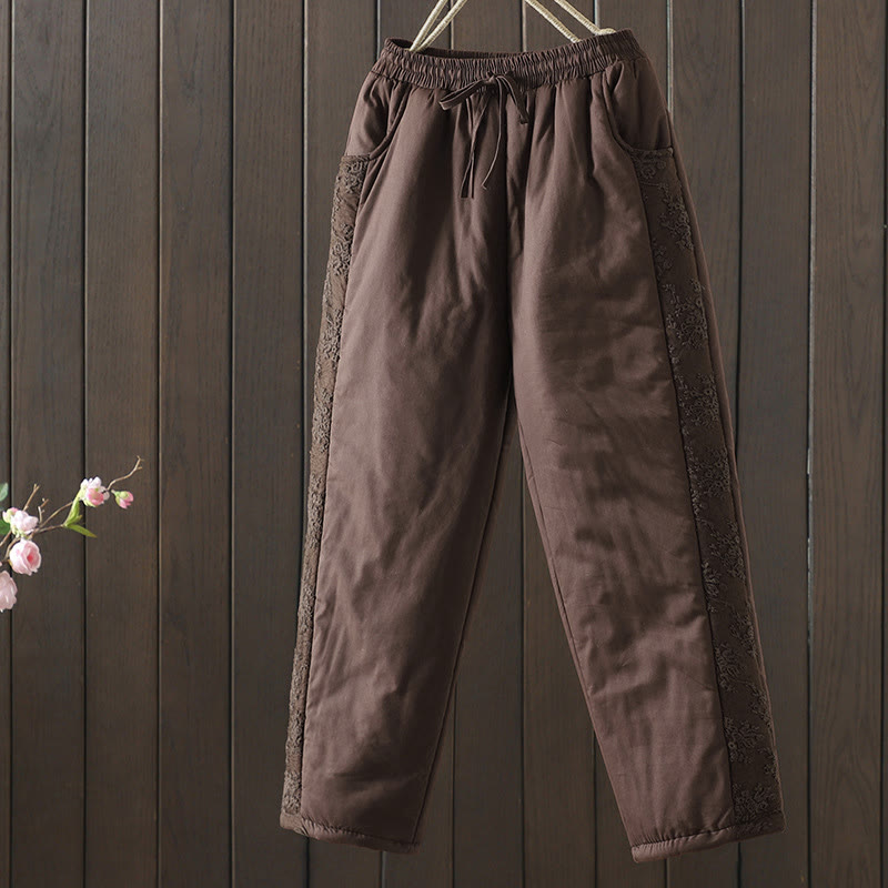 Pantalon épais pour femme avec poches, en coton et polyester brodé, motif floral et Buddha Stones - SaddleBrown - US8-10，UK/AU12-14，EU40-42 (2XL) - image 1