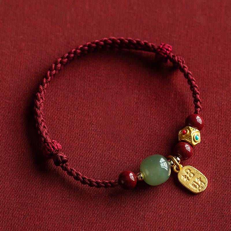 Bracelet porte-bonheur en Buddha Stones, jade cyan et blanc, cordon tressé multicolore, symbole de prospérité - Cordon rouge et jade cyan Hetian - 17-18 cm - image 0