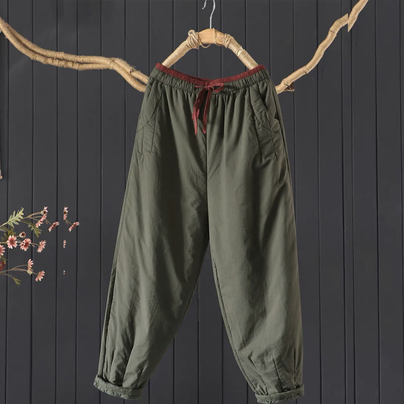 Pantalon femme épais en coton et polyester, uni, avec poches, motif Buddha Stones et blocs de couleurs. - Vert olive foncé - US12，UK/AU16，EU44 (3XL) - image 0