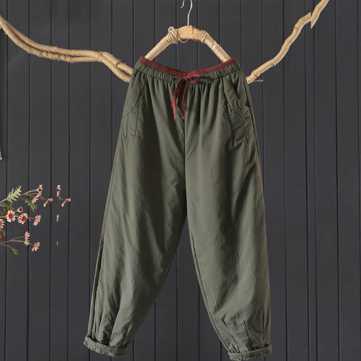 Pantalon femme épais en coton et polyester, uni, avec poches, motif Buddha Stones et blocs de couleurs. - Vert olive foncé - US12，UK/AU16，EU44 (3XL) - image 0