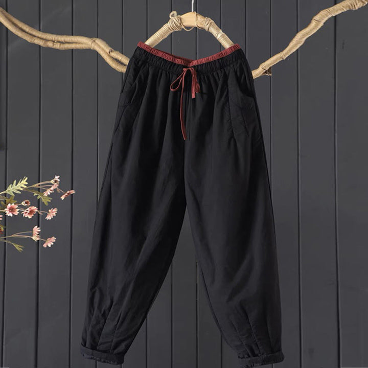 Pantalon femme épais en coton et polyester, uni, avec poches, motif Buddha Stones et blocs de couleurs. - Noir - US12，UK/AU16，EU44 (3XL) - image 1
