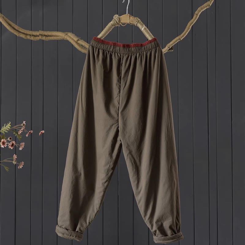 Pantalon femme épais en coton et polyester, uni, avec poches, motif Buddha Stones et blocs de couleurs. - image 3