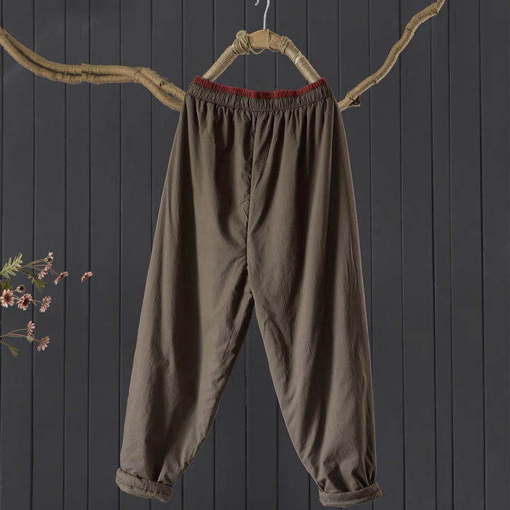 Pantalon femme épais en coton et polyester, uni, avec poches, motif Buddha Stones et blocs de couleurs. - image 3