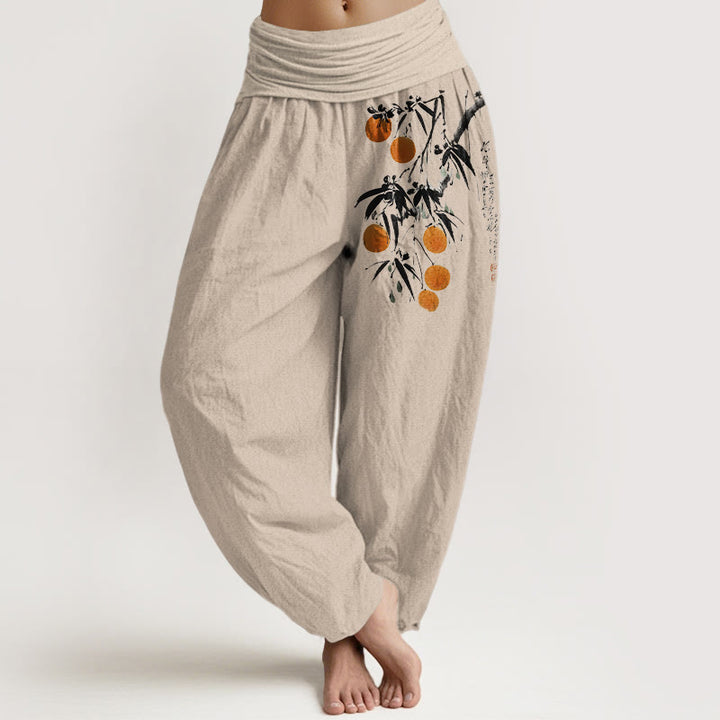 Pantalon harem à taille élastique pour femme, en pur coton, motif branches de fruits aux couleurs vives et Buddha Stones - Tanné - US16，UK/AU20，EU48 (3XL) - image 0