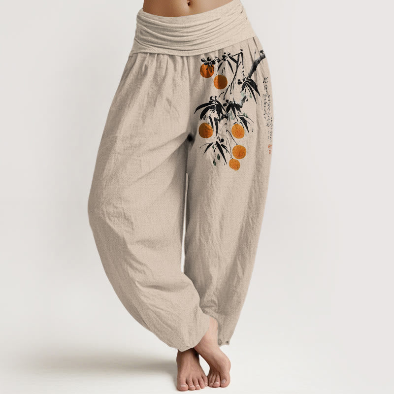 Pantalon harem à taille élastique pour femme, en pur coton, motif branches de fruits aux couleurs vives et Buddha Stones - Tanné - US16，UK/AU20，EU48 (3XL) - image 0