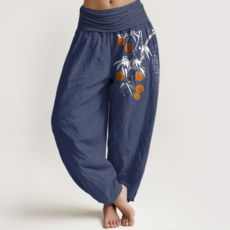 Pantalon harem à taille élastique pour femme, en pur coton, motif branches de fruits aux couleurs vives et Buddha Stones - Bleu ardoise foncé - US16，UK/AU20，EU48 (3XL) - image 8