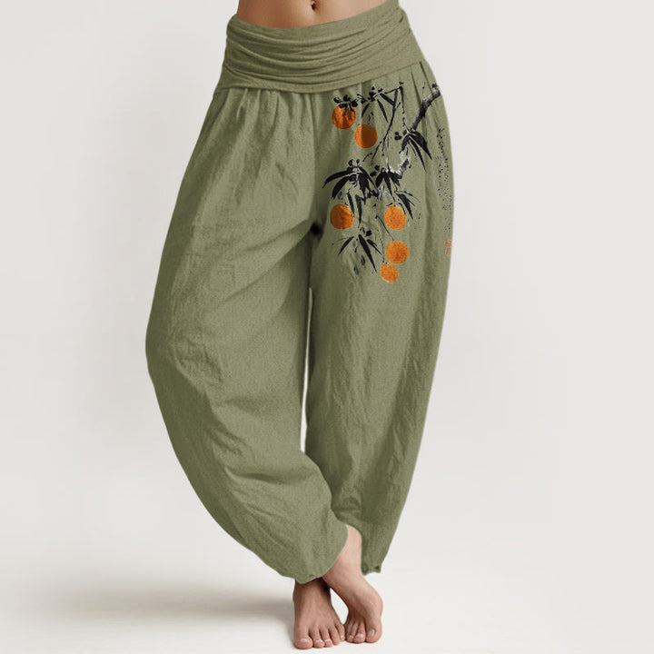 Pantalon harem à taille élastique pour femme, en pur coton, motif branches de fruits aux couleurs vives et Buddha Stones - Vert olive - US16，UK/AU20，EU48 (3XL) - image 14