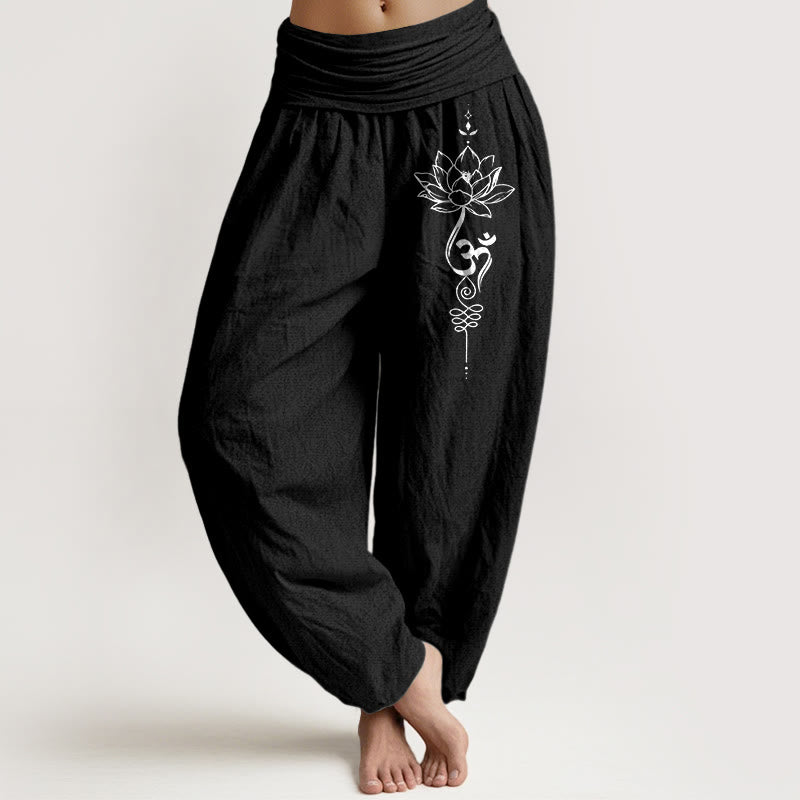 Pantalon harem pour femme, taille élastique, en pur coton, style minimaliste, motif lotus et symbole Om, Buddha Stones - Noir - US16，UK/AU20，EU48 (3XL) - image 0