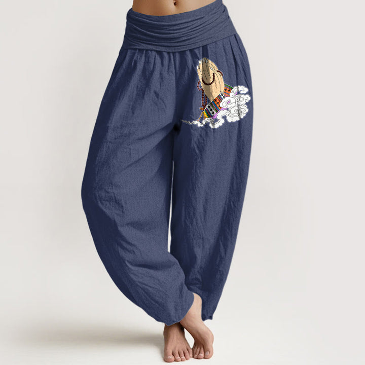 Pantalon harem pour femme à taille élastique, orné de Buddha Stones, de perles de prière en pur coton, de motifs de nuages ​​et de mains jointes. - Bleu ardoise foncé - US16，UK/AU20，EU48 (3XL) - image 5