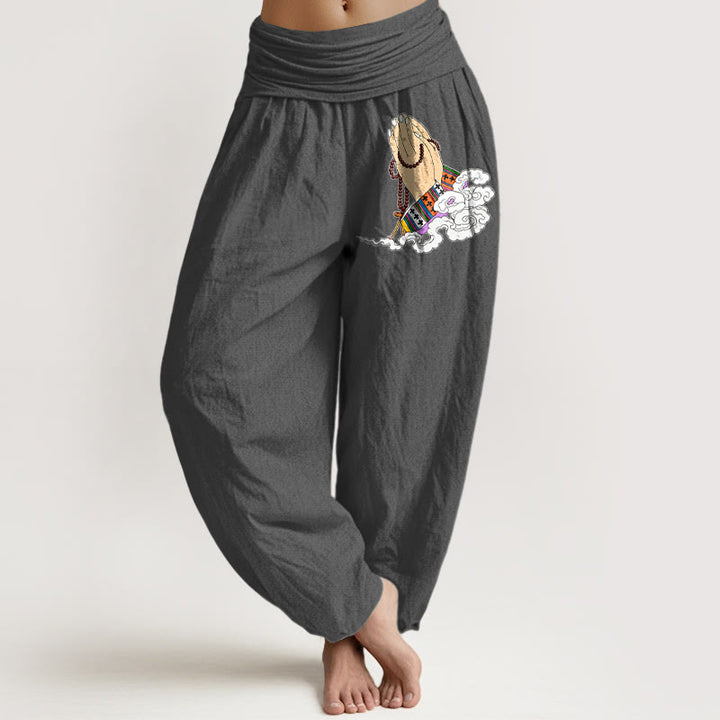 Pantalon harem pour femme à taille élastique, orné de Buddha Stones, de perles de prière en pur coton, de motifs de nuages ​​et de mains jointes. - Gris terne - US16，UK/AU20，EU48 (3XL) - image 8