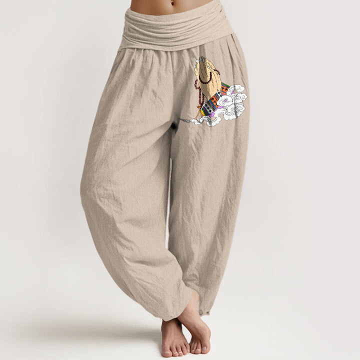 Pantalon harem pour femme à taille élastique, orné de Buddha Stones, de perles de prière en pur coton, de motifs de nuages ​​et de mains jointes. - Tanné - US16，UK/AU20，EU48 (3XL) - image 11