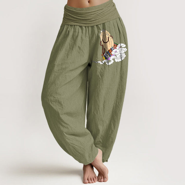 Pantalon harem pour femme à taille élastique, orné de Buddha Stones, de perles de prière en pur coton, de motifs de nuages ​​et de mains jointes. - Vert olive - US16，UK/AU20，EU48 (3XL) - image 14