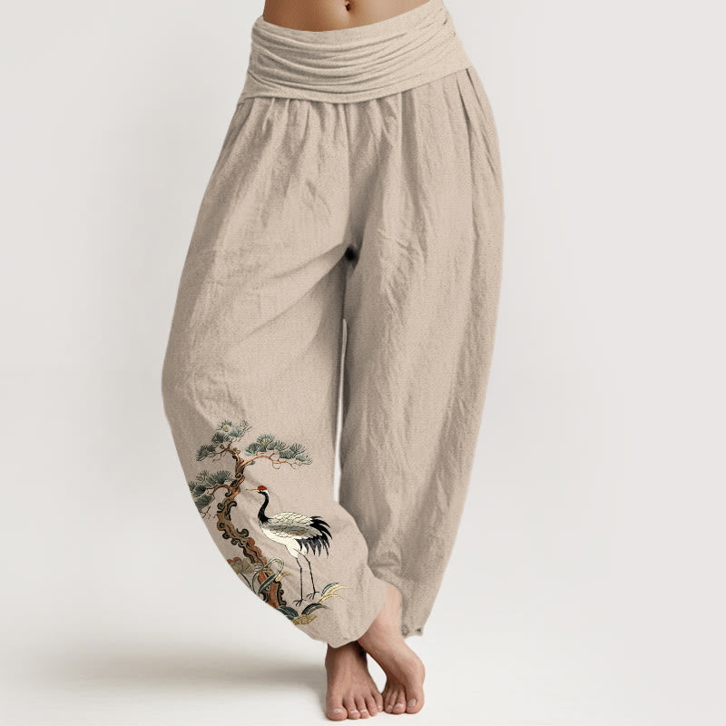 Pantalon harem à taille élastique pour femme, en pur coton, motif Buddha Stones, grues, pins, fleurs et herbes - Tanné - US16，UK/AU20，EU48 (3XL) - image 0
