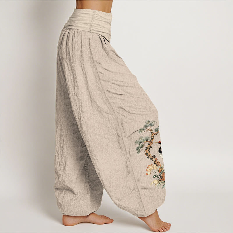 Pantalon harem à taille élastique pour femme, en pur coton, motif Buddha Stones, grues, pins, fleurs et herbes - image 2
